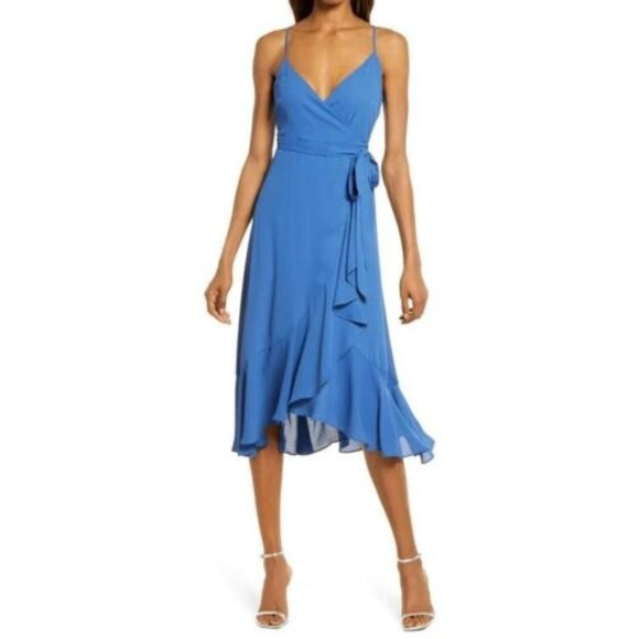Lulus Manhattan Moment Blue Ruffled Midi Wrap Dress Size S - Picture 8 of 12
